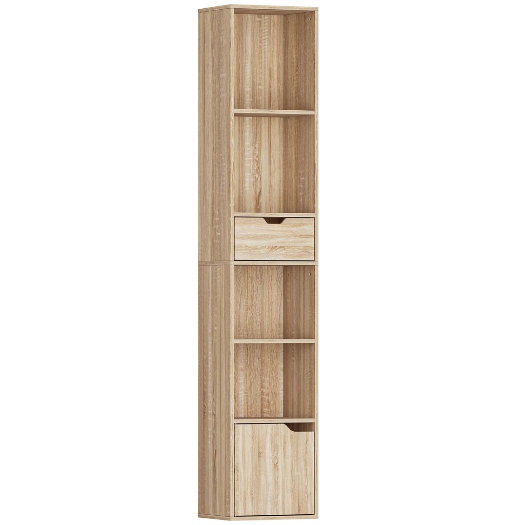 Bookcase Storage Unit, Drawer, Cupboard, Open Compartments, 30 x 24 x 158 cm, Natural