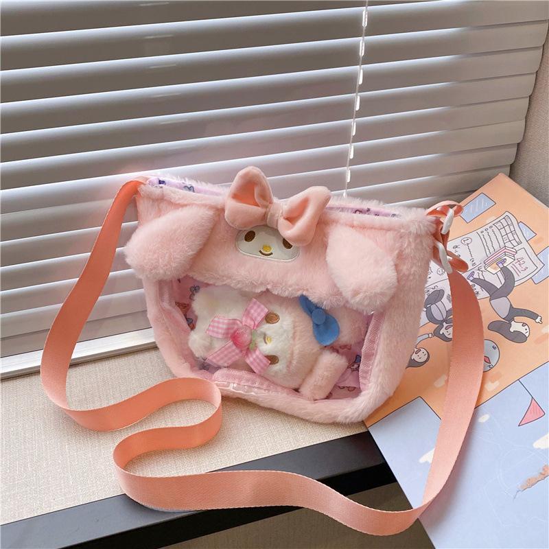 Cute Transparent Plush Crossbody Bag With Cartoon Doll Pendant Gift For Girls