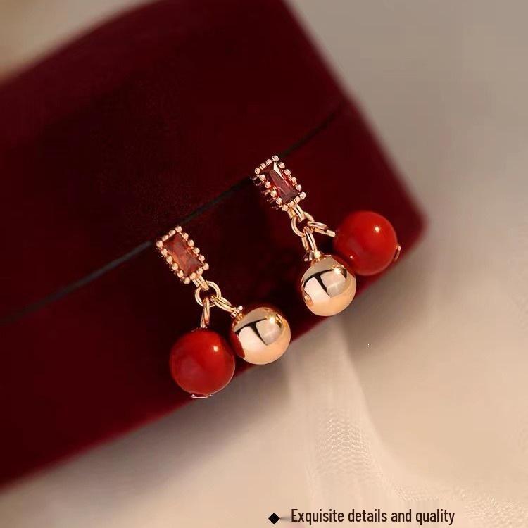2023 High-End 925 Silver Red Bean Stud Earrings for Women - New Year Style