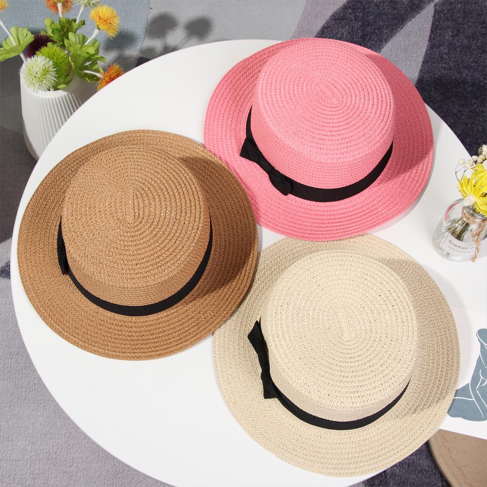 For Women Girls Flat Brim Bowknot Breathable Sun Hat Beach Hat Panama Straw Cap