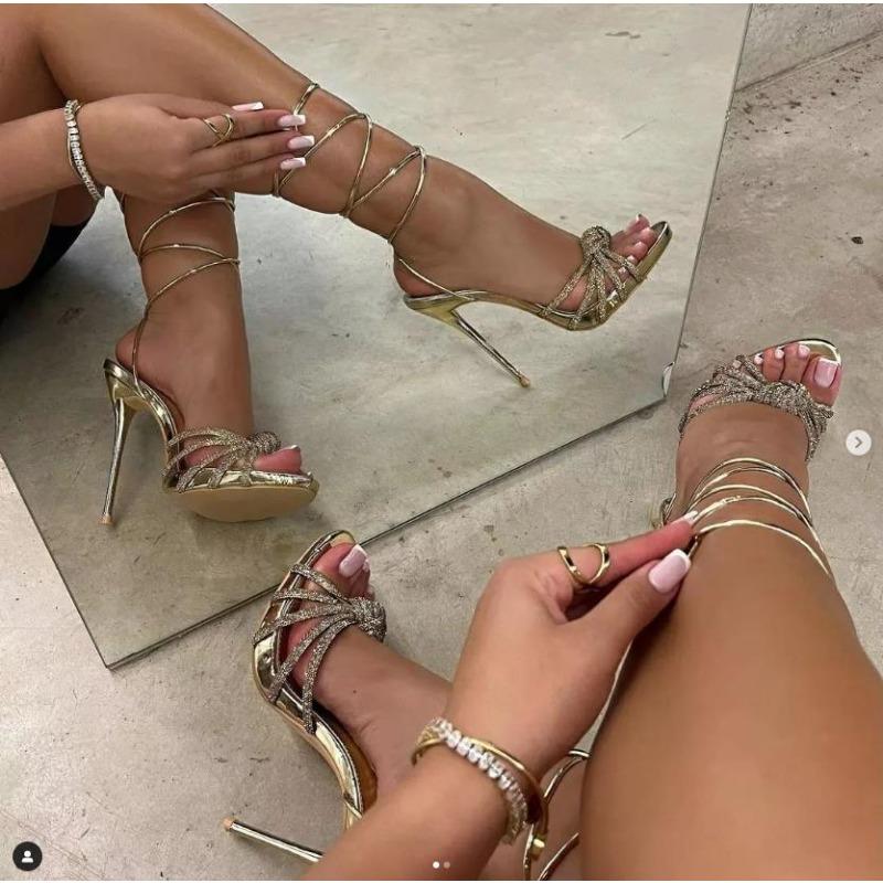 

Fashion New Fashion Concise Square Open Toe Narrow Band Ankle Cross-Tied Thin High Heel Women Sandals Sandals Silver Gold Zapatos Mujer 35