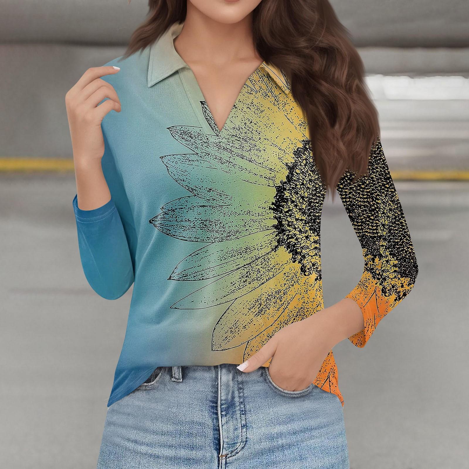 

Женская модная повседневная футболка с длинным рукавом и V-образным вырезом с цветочным принтом и лацканами XXL синий