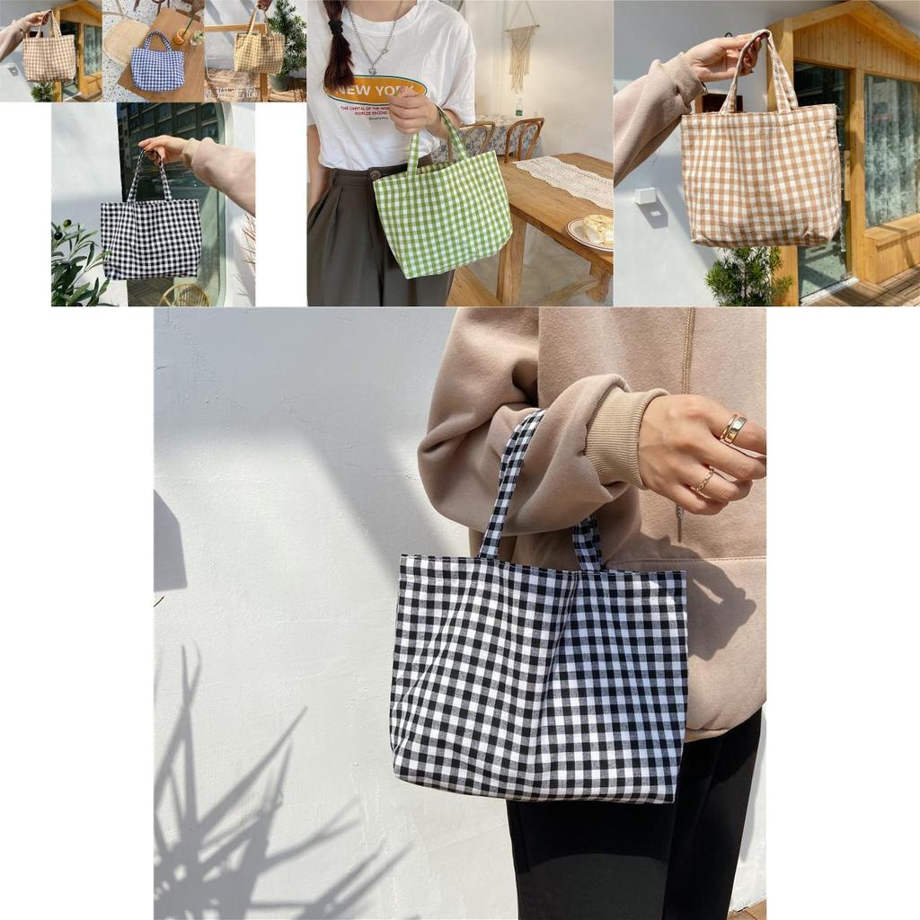 Charming Fresh Portable Bento Bag Japanese Style Plaid Handbag For Moms Students