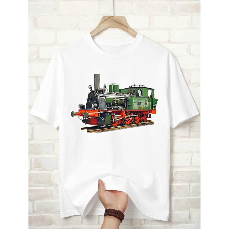 Men'S Vintage Steam Train T-Shirt - Retro Locomotive Graphic Crew Neck Short Sleeve Shirt | 100% Breathable Casual Tee With Green Steam Engine