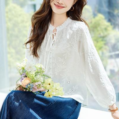 Black Fungus Collar White Shirt for Women Long Sleeve Summer Cotton Embroidery Hollow Top for Women Embroidered Shirt