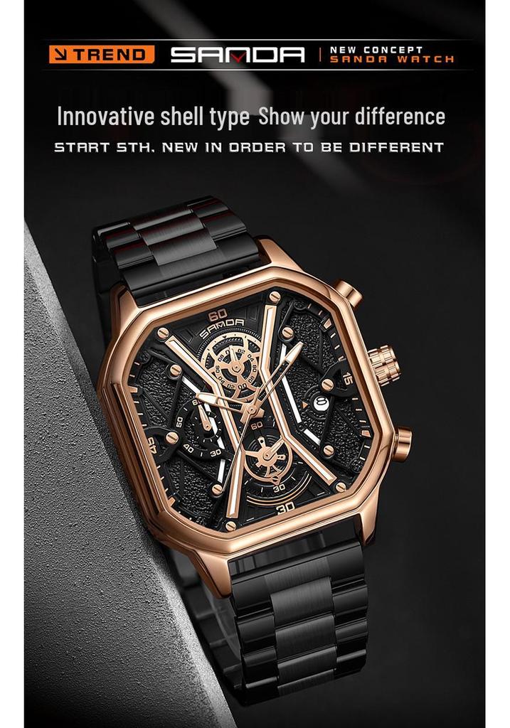SANDA Trendy Men's Square Quartz Watch - Fashionable Multi-Function Calendar Wristwatch