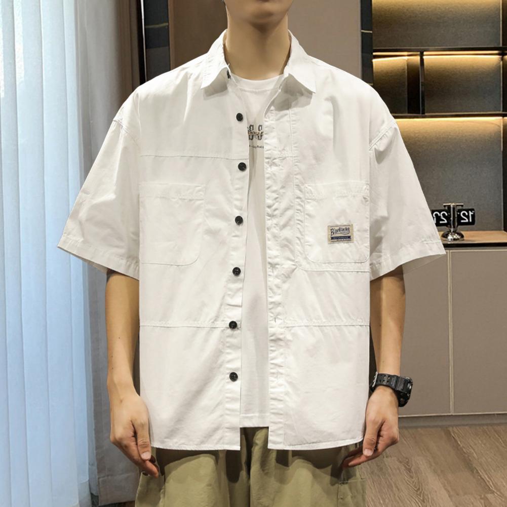 Spring Men Cargo Shirt Turn-down Collar Single-breasted Loose Mid Length Solid Color Chest Pocket Breathable Soft Short Sleeves