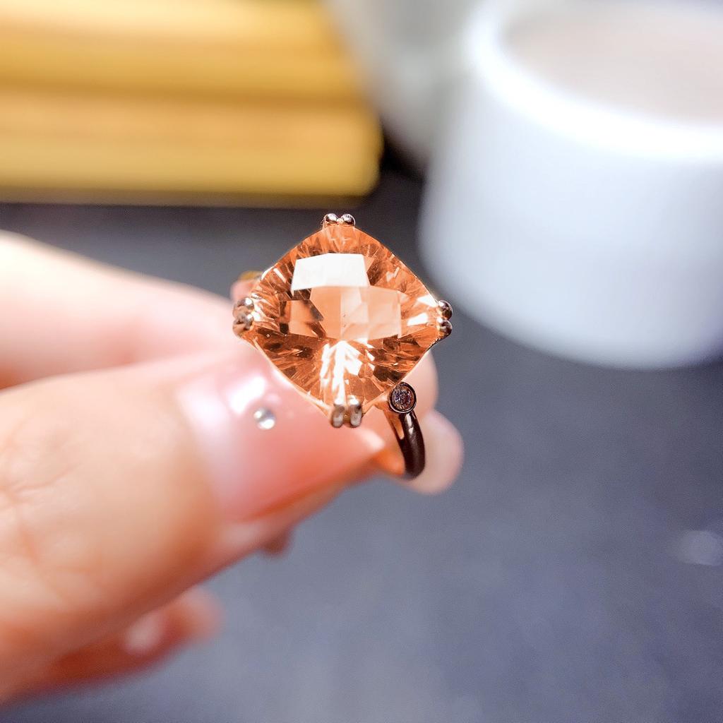 Morganite Champagne Diamond Ring, Princess Square Diamond Opening Colored Treasure Diamond Ring