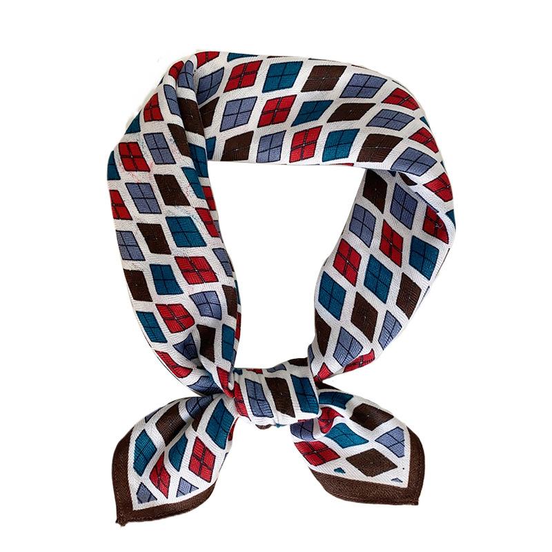 Japan and Korea Fashion Niche Multi-color Splicing Rhombus Grid Printing Square Scarf High-end Sense Simple INS Style Herringbone Silk Scarf