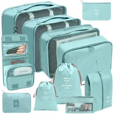 Reiseaufbewahrungsset: Faltbare Kulturbeutel, Make-up-Taschen, Kleiderbeutel, Schuhbeutel, Taschen für digitales Zubehör und Kordelzug-Gepäckbeutel.