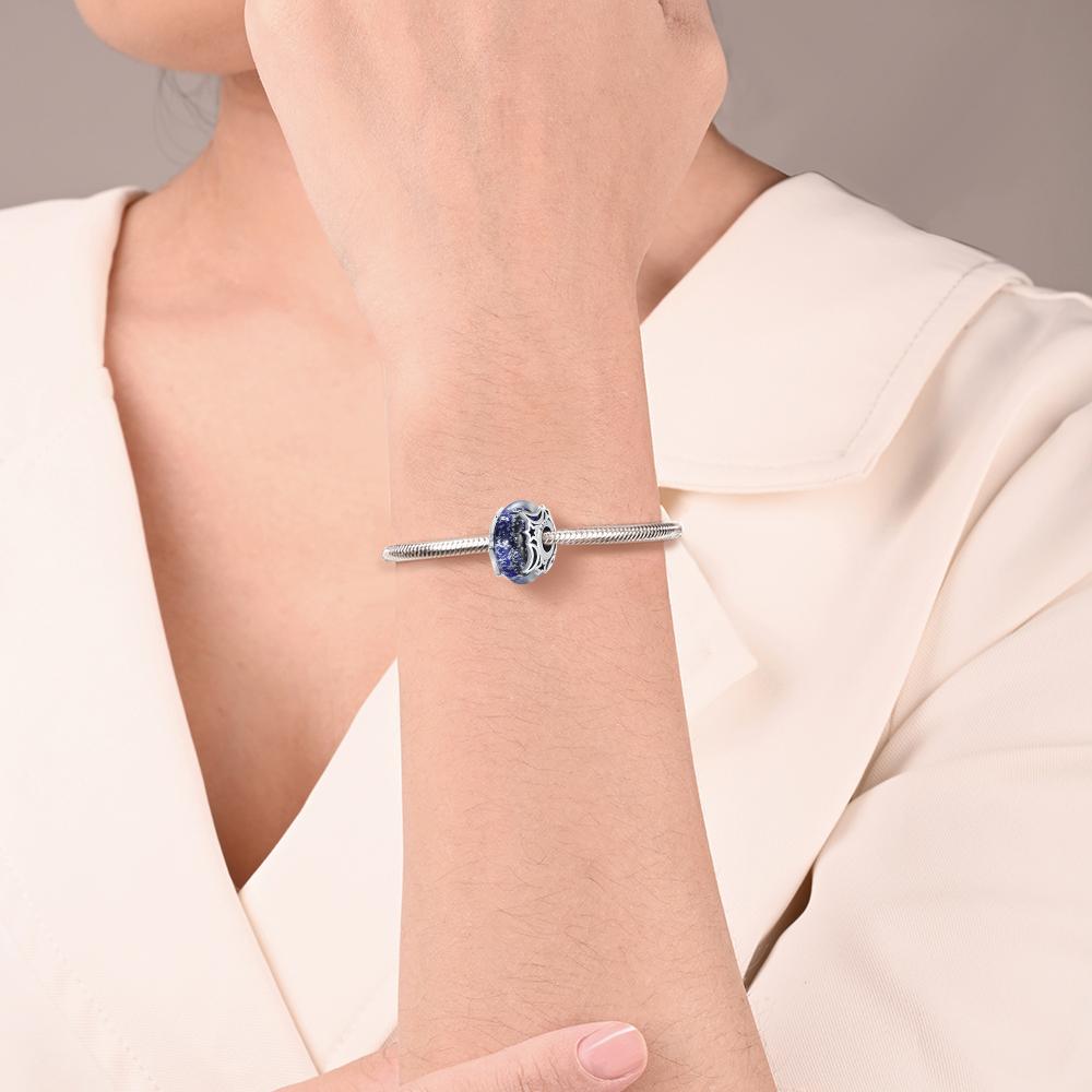 925 Silver Sparkling Blue Glass Beads with Petal Design Charm Fit Original Bracelets Necklaces Jewelry For Women
