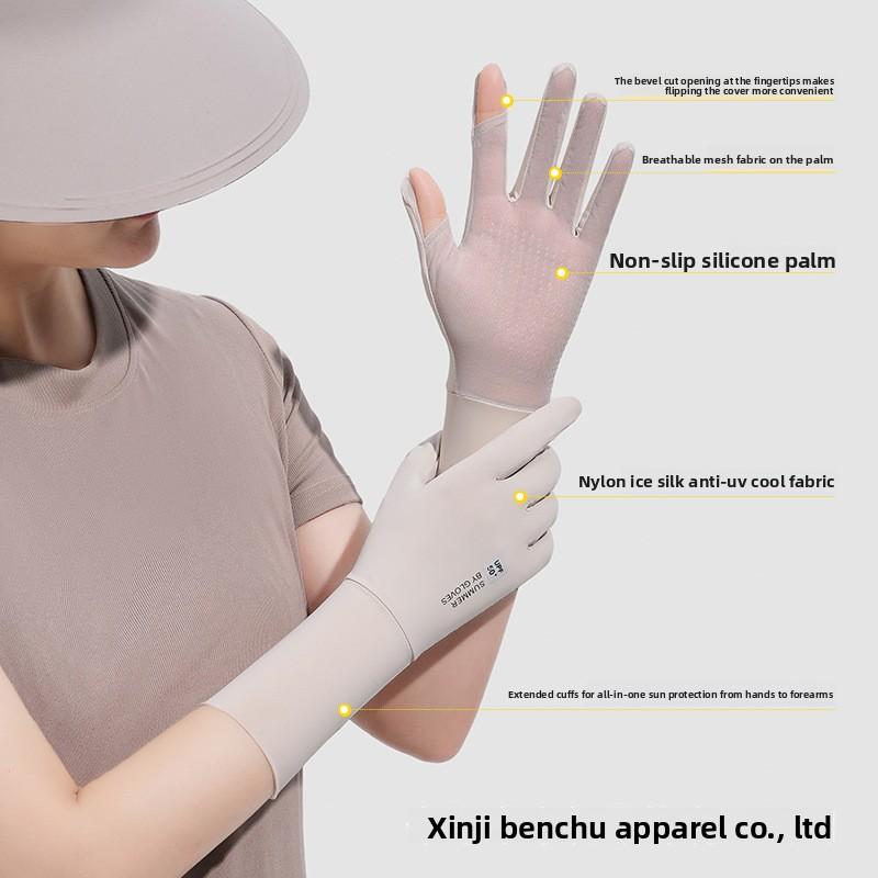 Summer Ice Silk Women UV Protection Long Sunscreen Gloves Breathable Flip Touch Screen Non Slip for Outdoor Driving Cycling