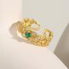 Stainless Steel Adjustable Ring for Women, 18K Gold Plated Emerald Zircon Open Cuff Band Waterproof Tarnish Free Jewelry