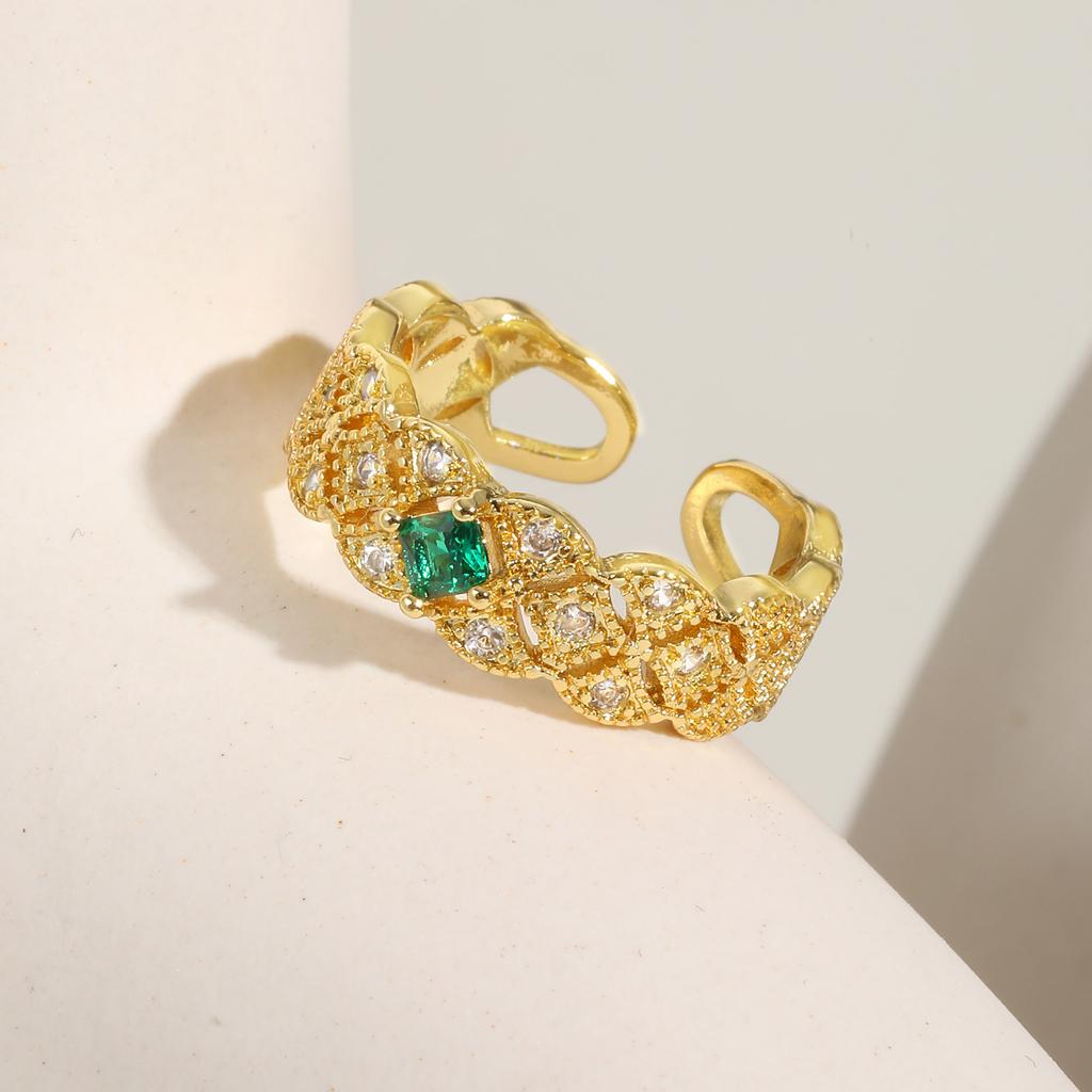 Stainless Steel Adjustable Ring for Women, 18K Gold Plated Emerald Zircon Open Cuff Band Waterproof Tarnish Free Jewelry