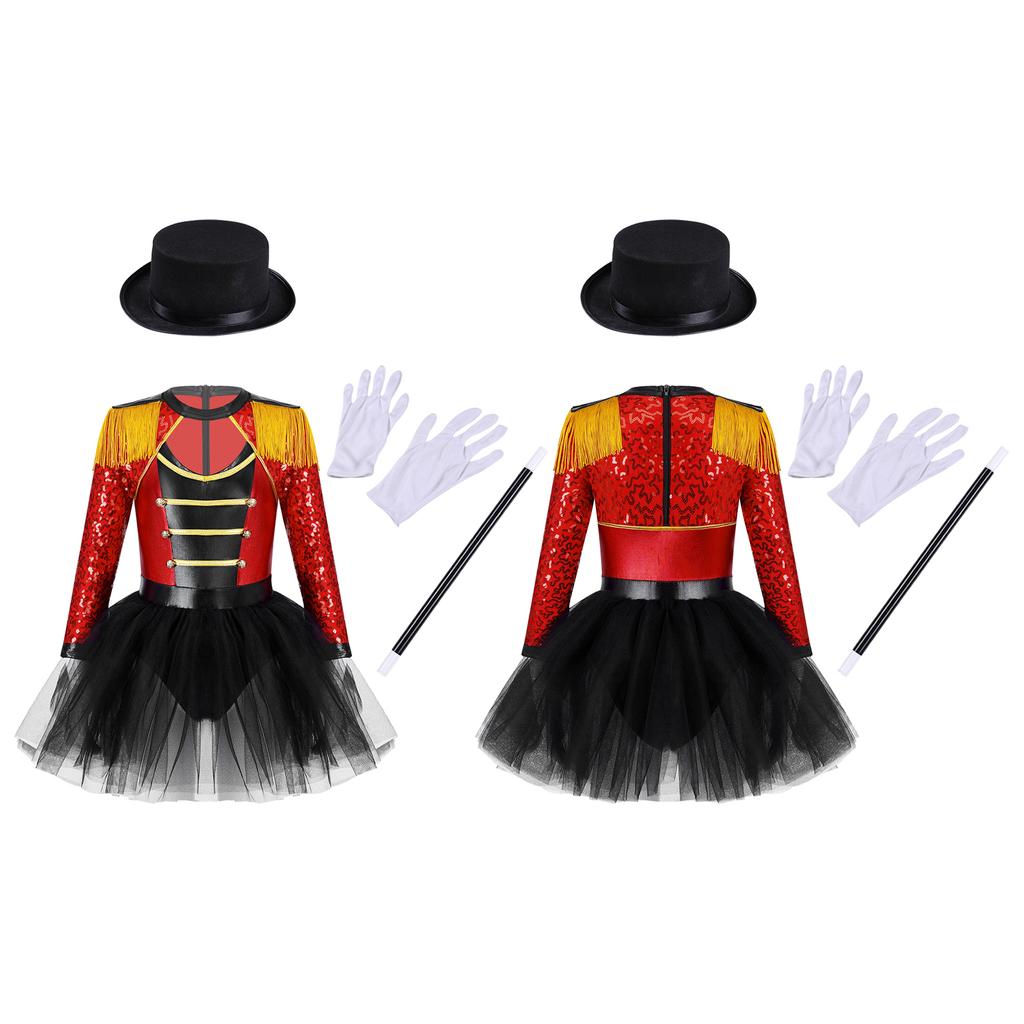 Girls Circus Tutu Leotard Dress Long Sleeve Sequin Tassel Shoulder Back Zipper Costume Set Hat Magic Wand