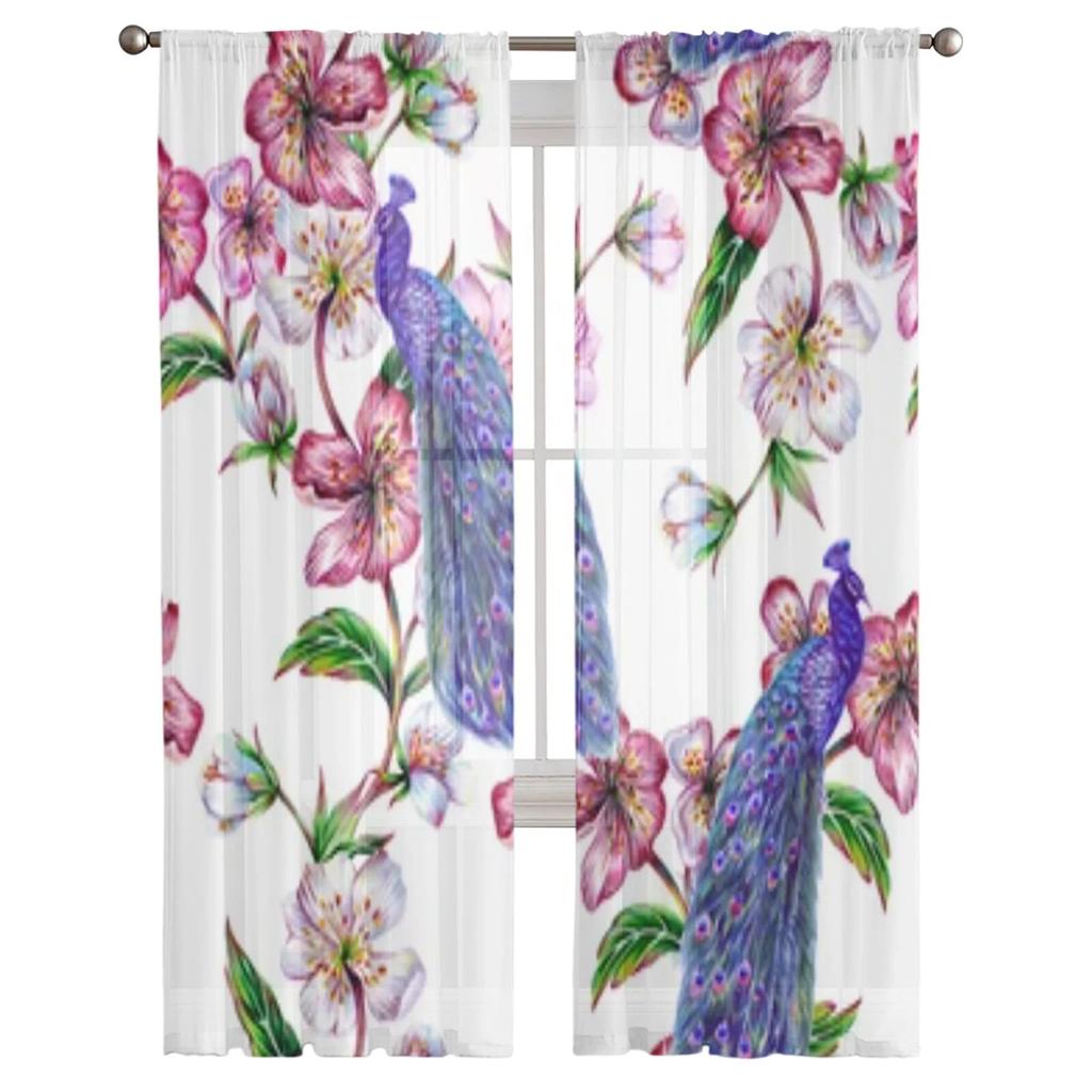 Påfågel Sakura Blommiga Skira Fönstergardiner För Vardagsrum Sovrum Moderna Voile Tyllgardiner Tyg Draperier För Kök