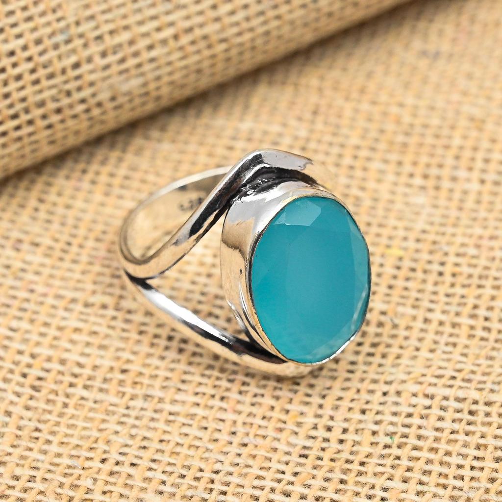 Blue Chalcedony Gemstone 925 Sterling Silver Handmade Ring Jewelry Beauteous Gift For Her