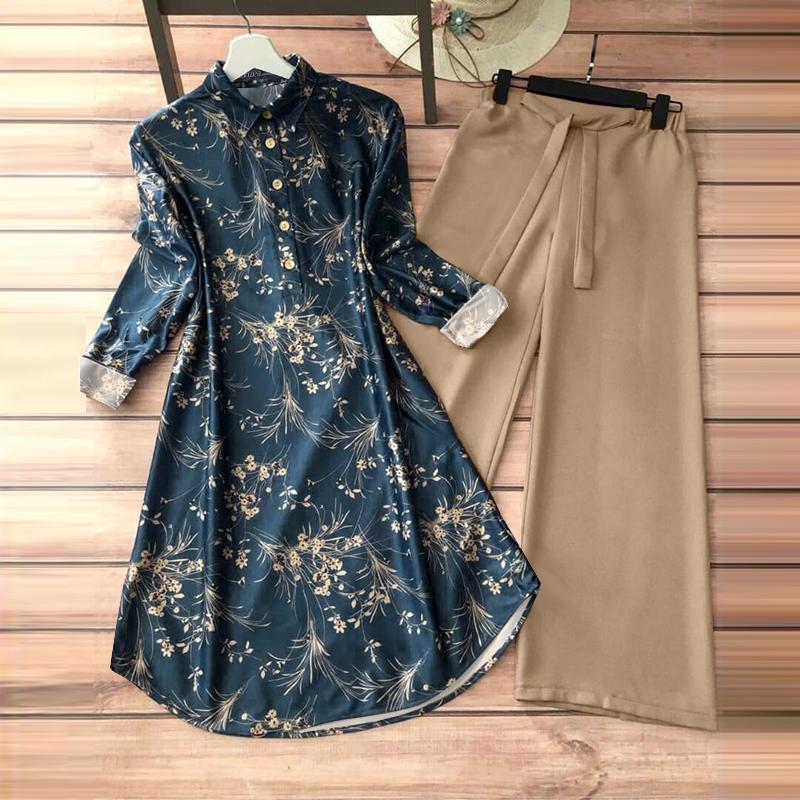 

ZANZEA Женский принт Длинная блузка и брюки Повседневный комплект из двух частей L