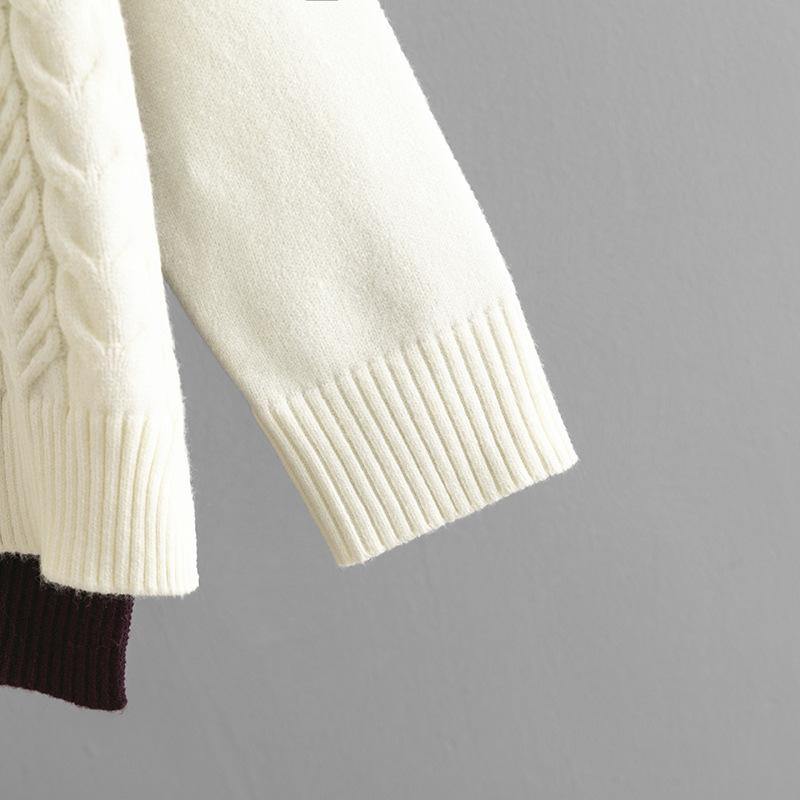 Autumn Winter Vintage Loose Long Sleeve Top Block Color Cardigan Pullover Knitwear Twists V-neck Sweater