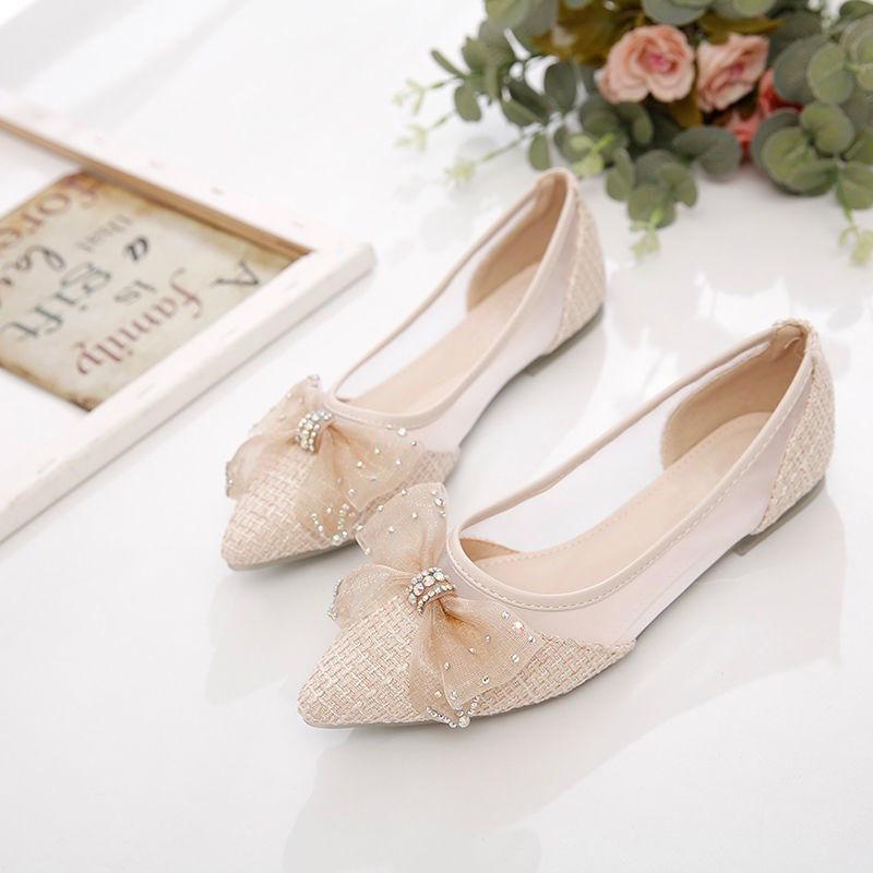 Breathable Pointed Small Fragrant Wind Lady Doudou Shoes Summer New Flat-bottom Mesh Yarn Light Mouth Lace Bow Single Shoes