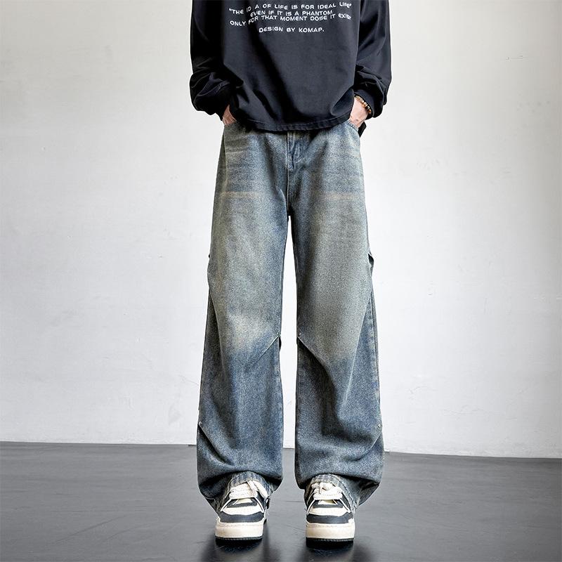 

Yadu Four Seasons Washed Denim Retro Hong Kong Style Loose Straight-Leg Pants for Men and Women XXXL