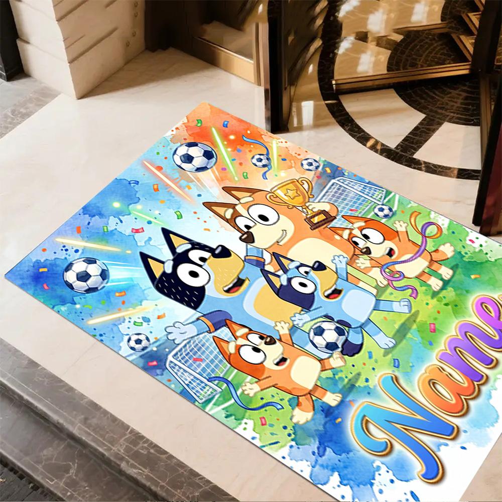 Bluey Soccer Fun Personalized Text Carpet Perfect for Game Room Kitchen Balcony Dining Room Anti-slip Rug Anime Office Decor