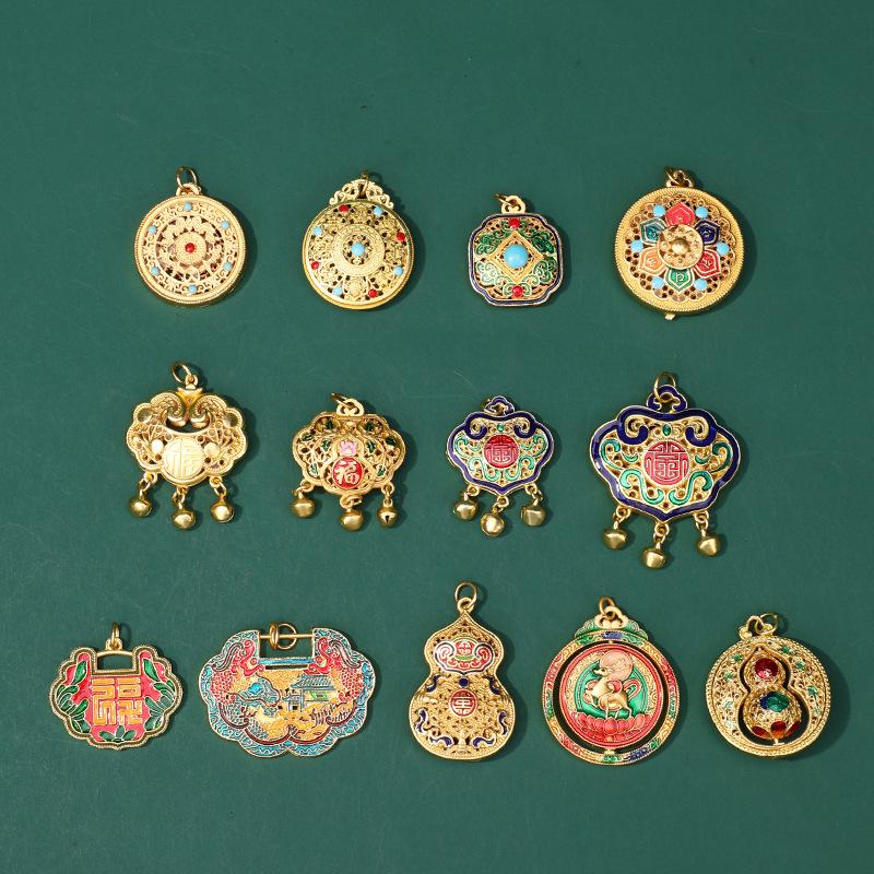 Ancient Gold Eight Treasures Compass Pendant Necklace - Five Blessings, DIY Beaded Style Accessory