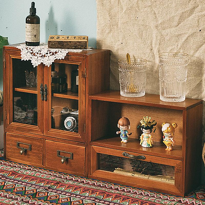 

Ящик для хранения из цельного дерева в скандинавском стиле, настольный ящик для хранения, деревянный шкаф-витрина с двойной дверью в стиле ретро