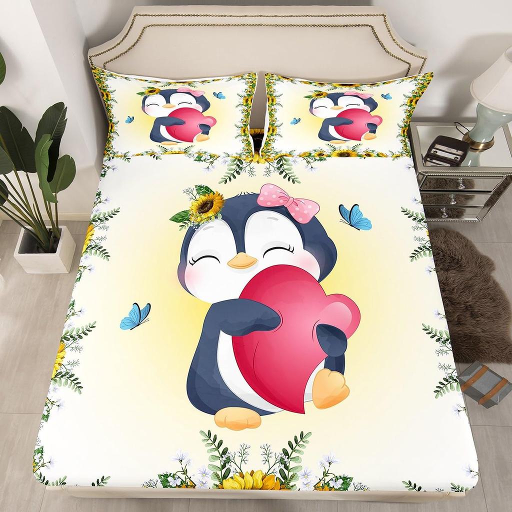 Cute Penguin Duvet Cover Animal Pattern Bedding Collection Comforter Cover For Boys Girls Kids Room Decor Full Size With 2 Pillow Case