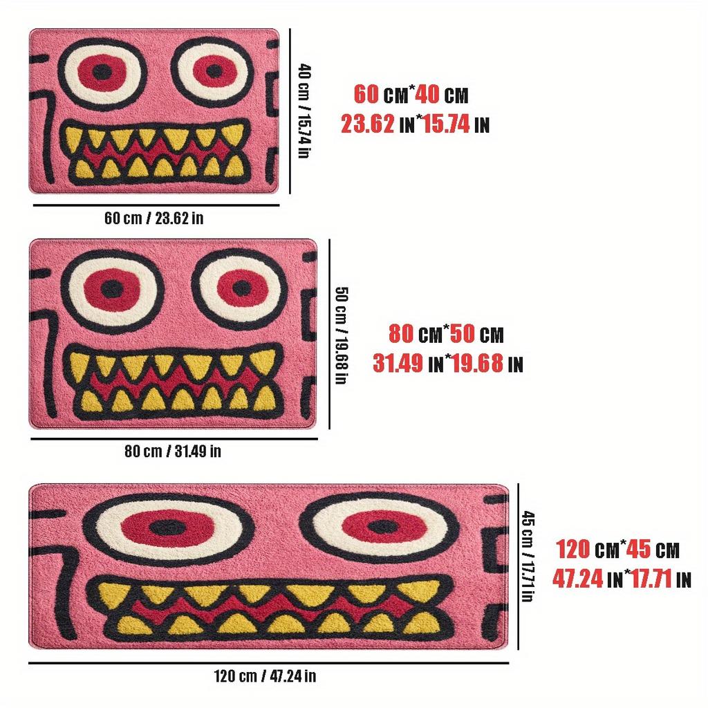 Pink & Black Cartoon Face Floor Mat – Soft Non-Slip Flannel Rug with Playful Expression for Bathroom, Kitchen & Home Decor