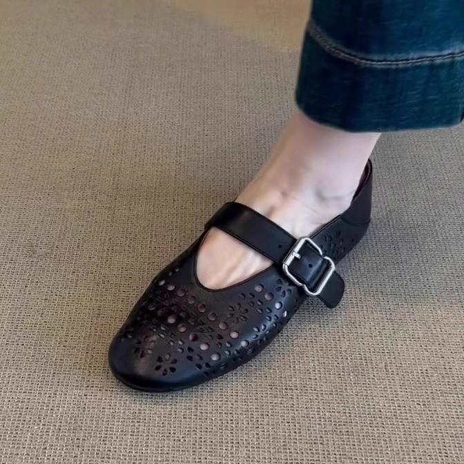 Bohemian hollow single shoes women's gentle hole shoes late evening breeze grandma shoes leather flat-soled French Mary Jane shoes