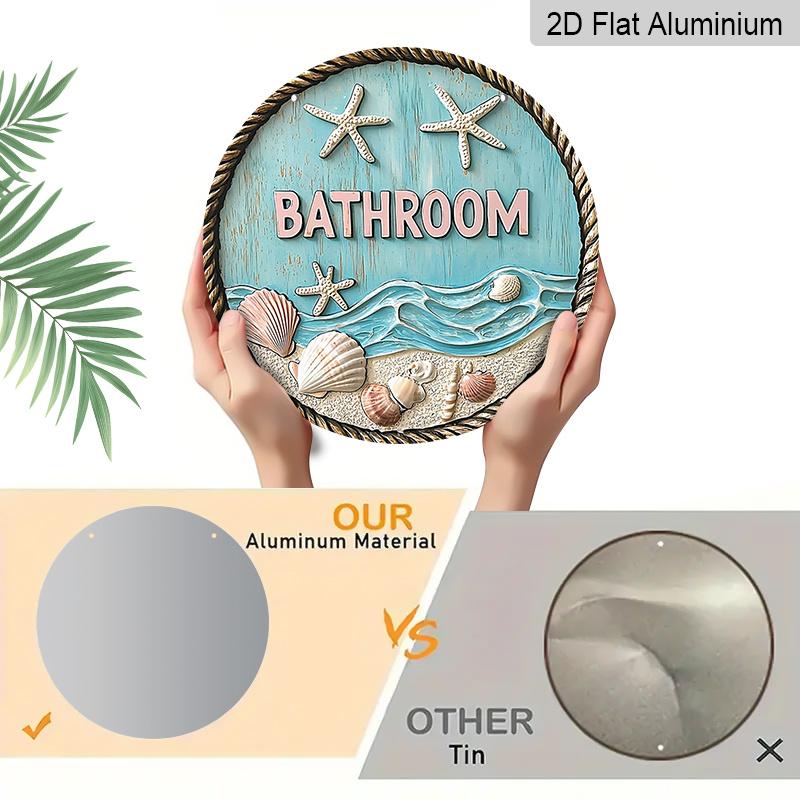 2D Flat, 1pc Round Aluminum Coastal Bathroom Metal Sign, Nautical Starfish & Seashell Beach Wall Plaque, Distressed Blue Wood Effect, Waterproof