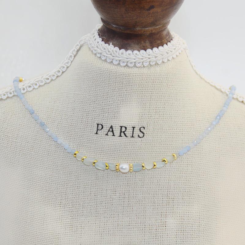 Frühlings-/Sommer-Süßwasserperlen- & Aquamarin-Kristall-Amethyst-Halskette - Perfekt für Studenten & beste Freunde