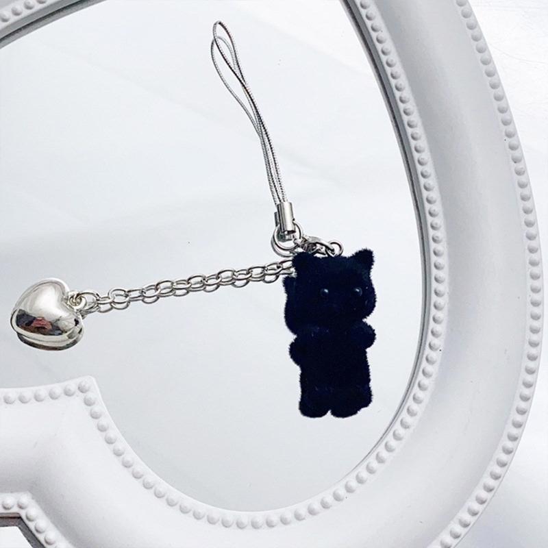 Fashion Flocking Cat Heart Pendant Phone Straps Lanyard Pocket Keychain Strap Backpack Charm Car Key Decoration