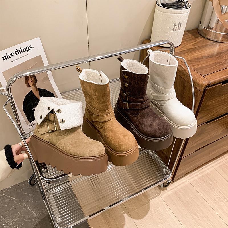 Winter Buckle Ankle Flat with Snow Boots Zip Mid Heel Shoes Female 2025 Fashion Ladies Shoes Round Toe Concise Women's Boots