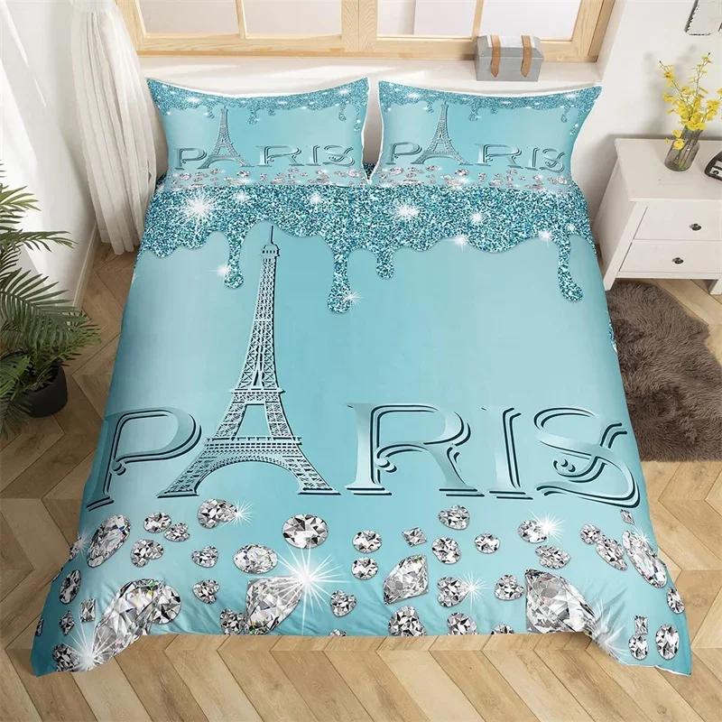 Paris Duvet Cover Set Eiffel Tower Bedding Set Queen Polyester Romantic French Flower Quilt Cover For Girl Teen Women Room Decor