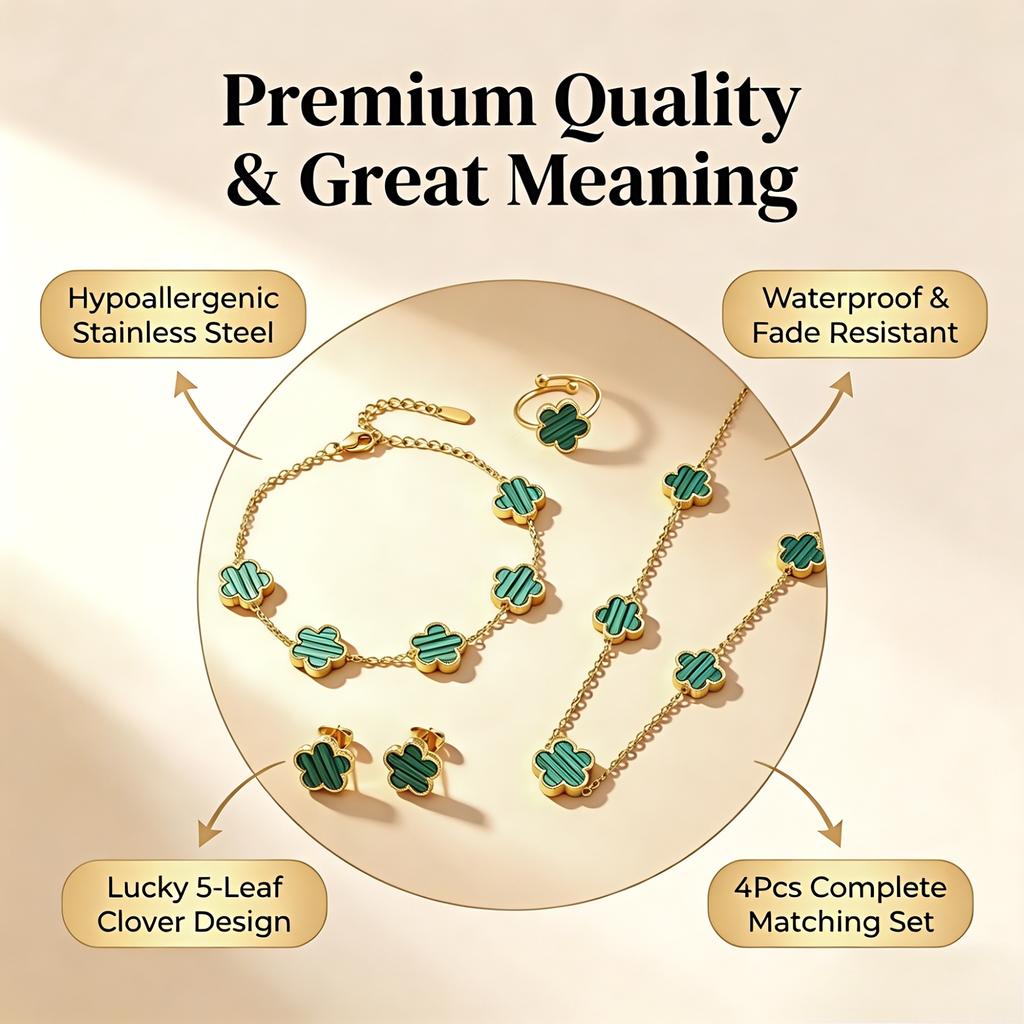 18K Gold Plated Stainless Steel 5 Leaf Clover Necklace Bracelet Earrings Ring 4pcs Jewelry Set for Women Lucky Gift