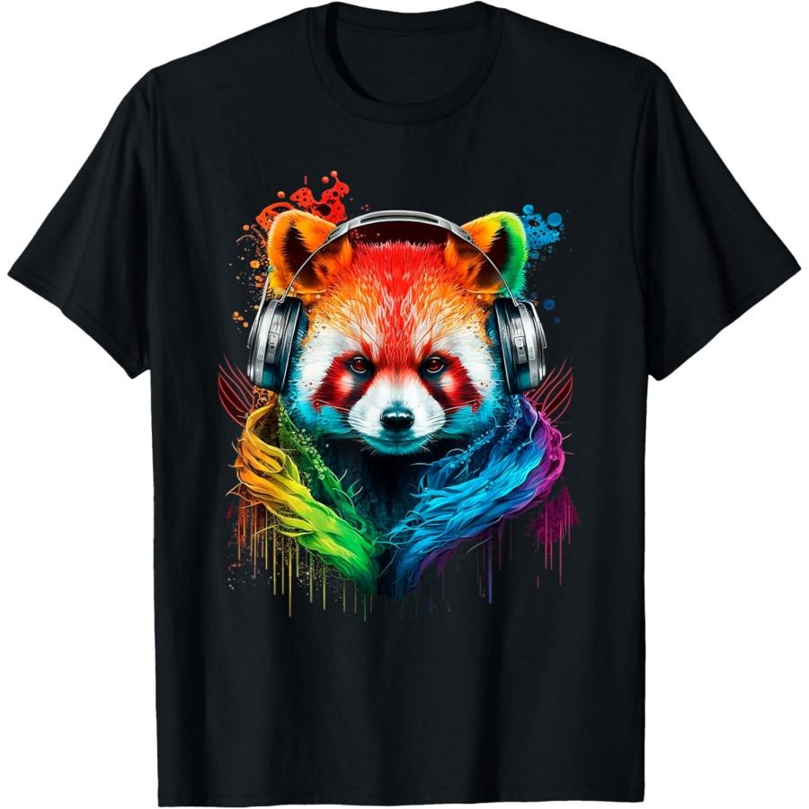 Футболка с принтом Красный панда-диджей с наушниками и радугой S
