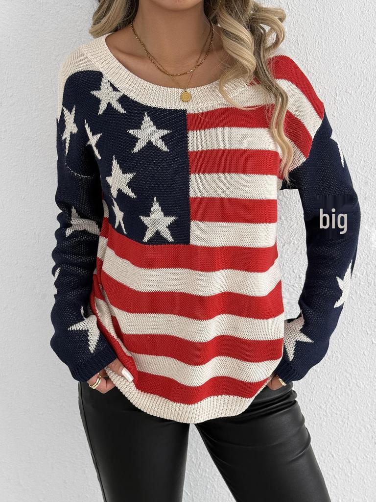 Women's Long Sleeve American Flag Sweater - Spring and Autumn Knitwear
