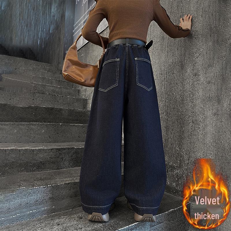 

Зима 2025 Джинсы с широкими штанинами на флисовой подкладке для девочек - Теплые, однотонные, повседневные длинные брюки 140 cm