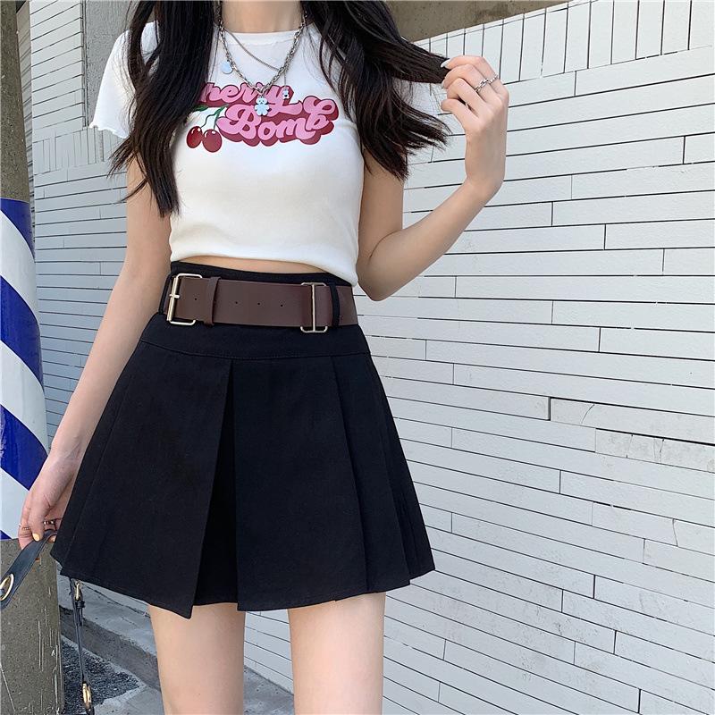 Petite Women's Retro Hong Kong Style Pleated Skirt with Waist-Cinch Belt