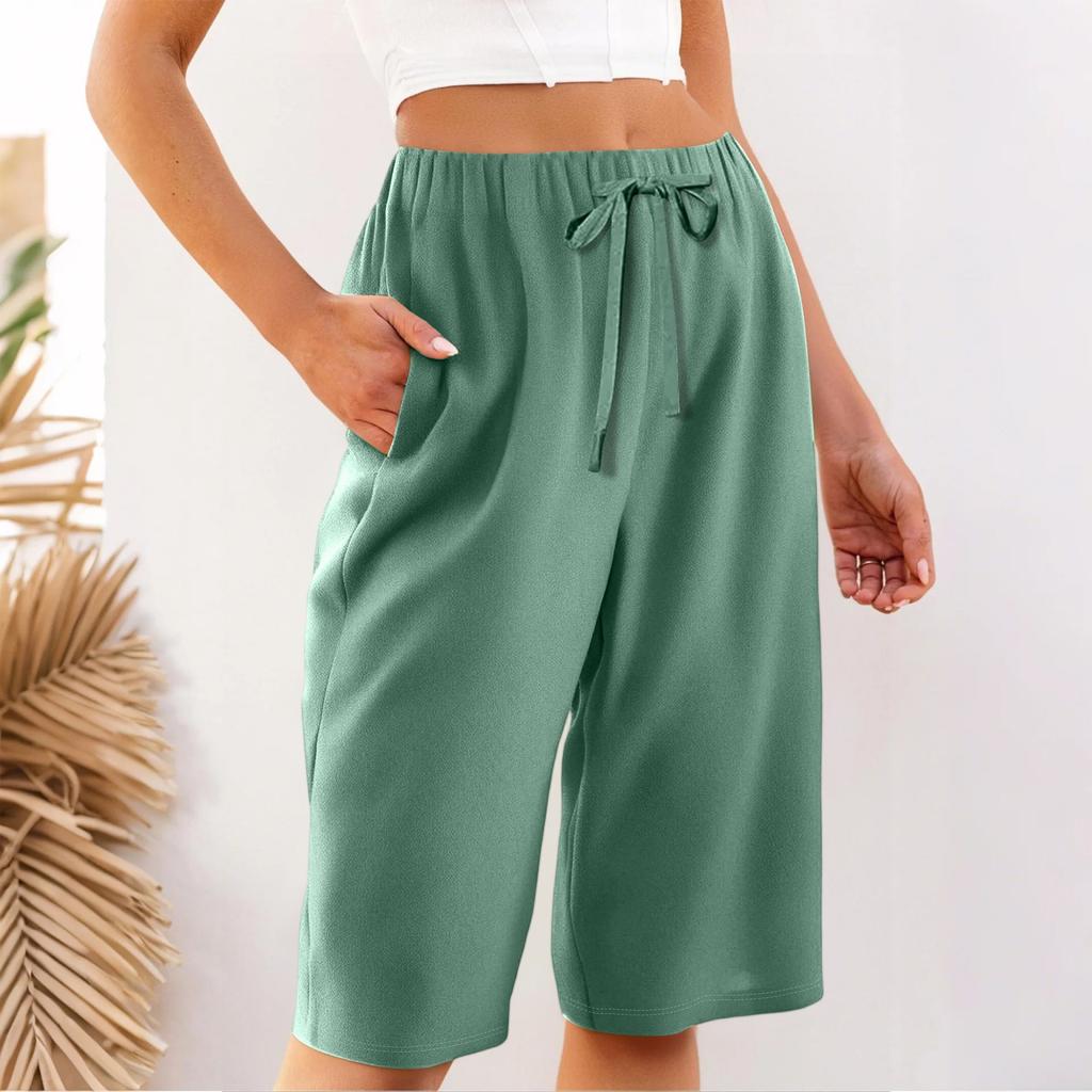 Women's Summer Elasticated Tie Waist Solid Colour Cotton & Linen Loose Shorts