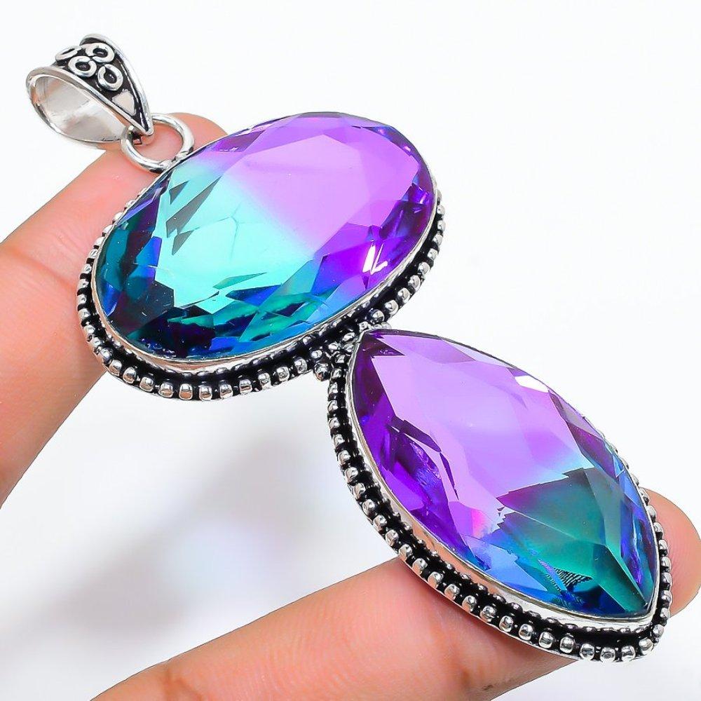 Natural Bi-Color Tourmaline Handmade 925 Sterling Silver Pendant 3.55" g0M03