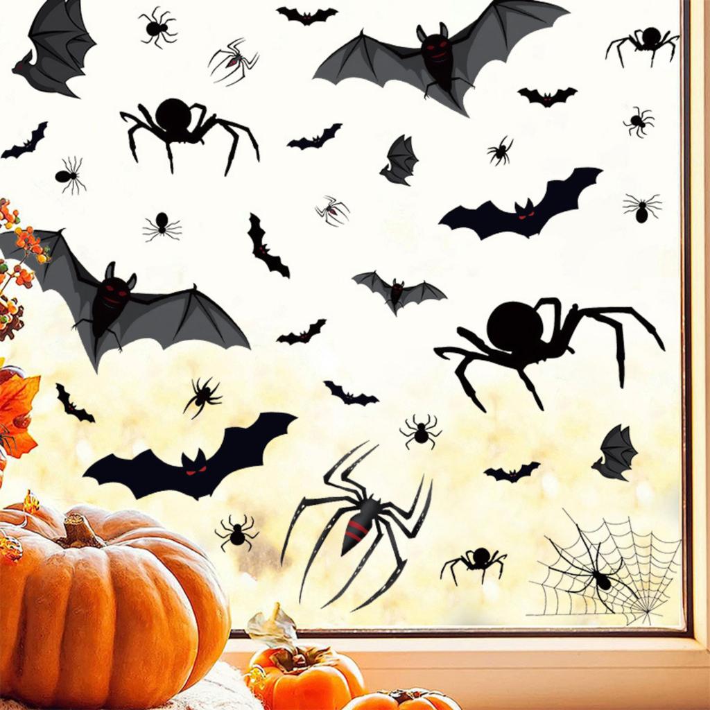 Halloween Static Clings Window Decorations Spiders Bats Webs PVC Stickers for Living Room Bedroom Seasonal Party Home Decor