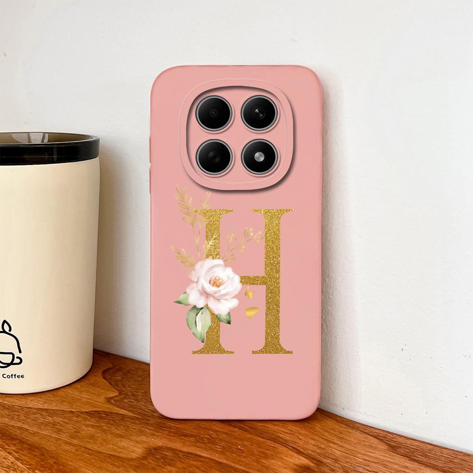Floral Gold Letters Cover For Poco M8 Pro Phone Case Soft Smooth Liquid Silicone Anti Drop Protective High Quality Couple Bumper