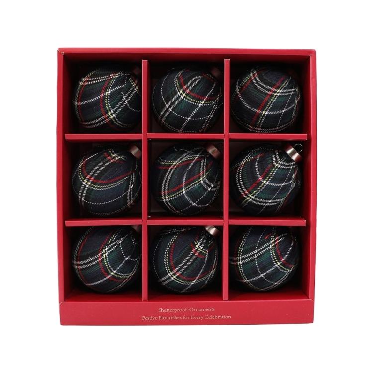 9 Pieces Christmas Ball Ornament, Checked Fabric Wrapped Baubles Holiday Tree Decoration Set for Wreath and Mantel Display