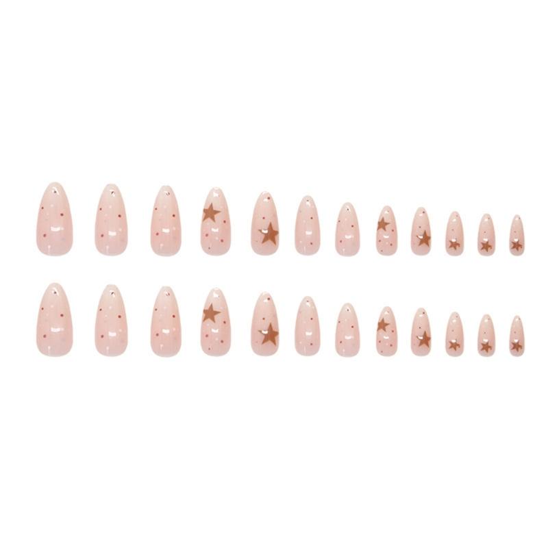 24 Stück Aufklebnägel mit Stern-Punkt-Design, süße künstliche Nägel, Acrylnägel, lange Mandeln, vollständige Abdeckung, zum Aufkleben