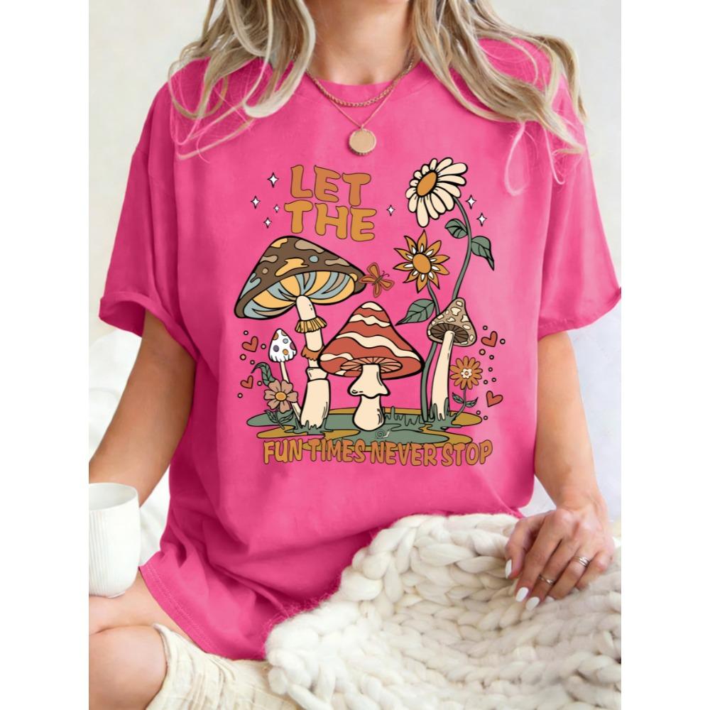 Fun Times Never Stop Mushroom Sunflower Prints Women T Shirts Y2K Soft Short Sleeve Summer T-Shirt Cotton Loose Clothing