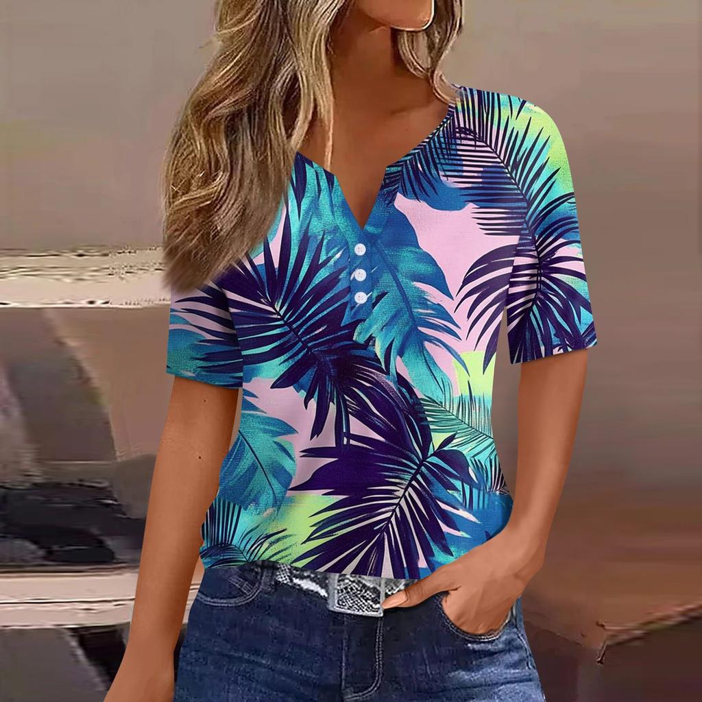 Women's T Shirt Print Button Short Sleeve Daily Weekend Fashion Basic V- Neck Regular Top