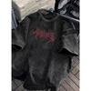 T-shirt da uomo vintage larga con stampa a carattere gotico, cotone pesante, nero lavato